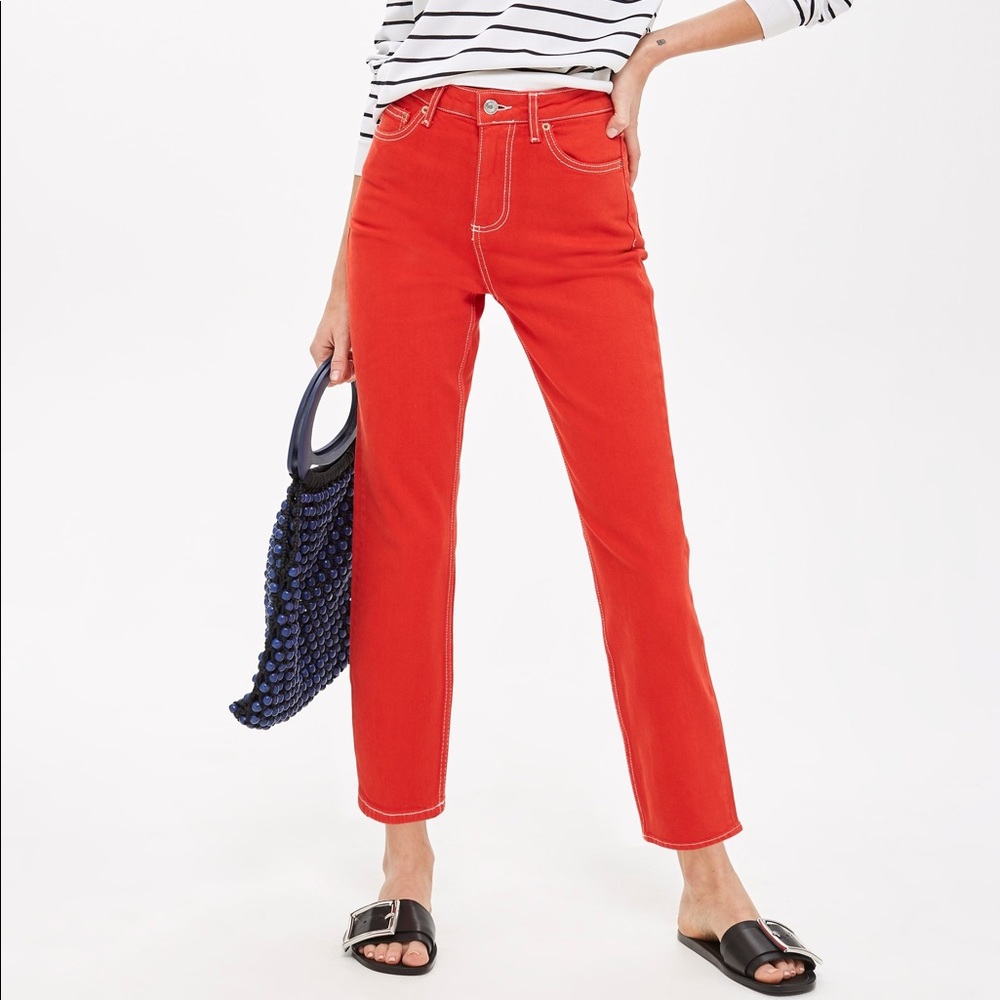 Red straight leg jeans